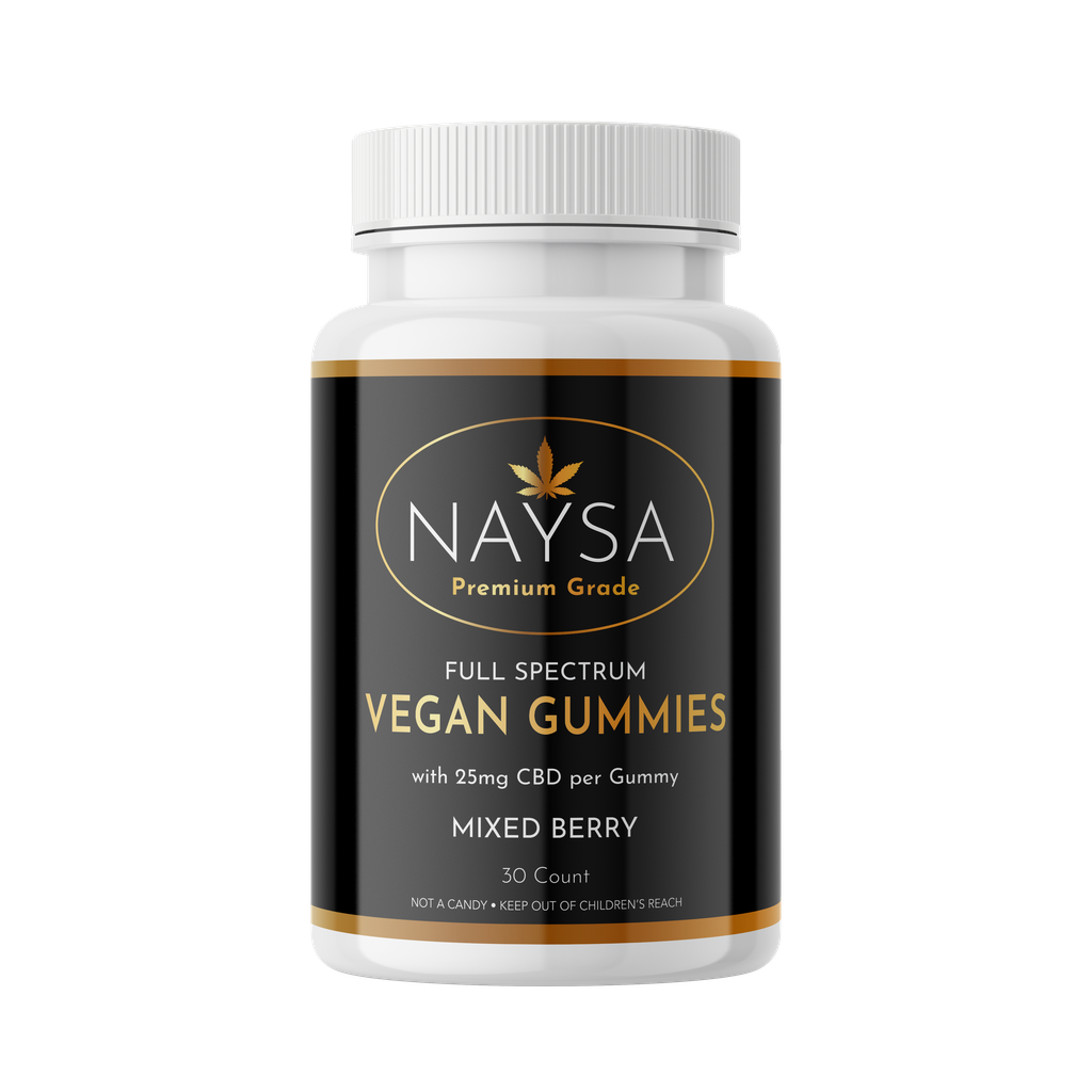 Bottle of NAYSA Vegan Gummies with a black label on a white background