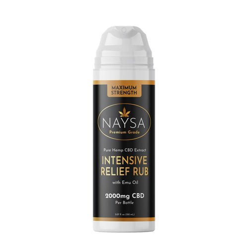 Naysa Intensive Relief Rub bottle with black label on a white background