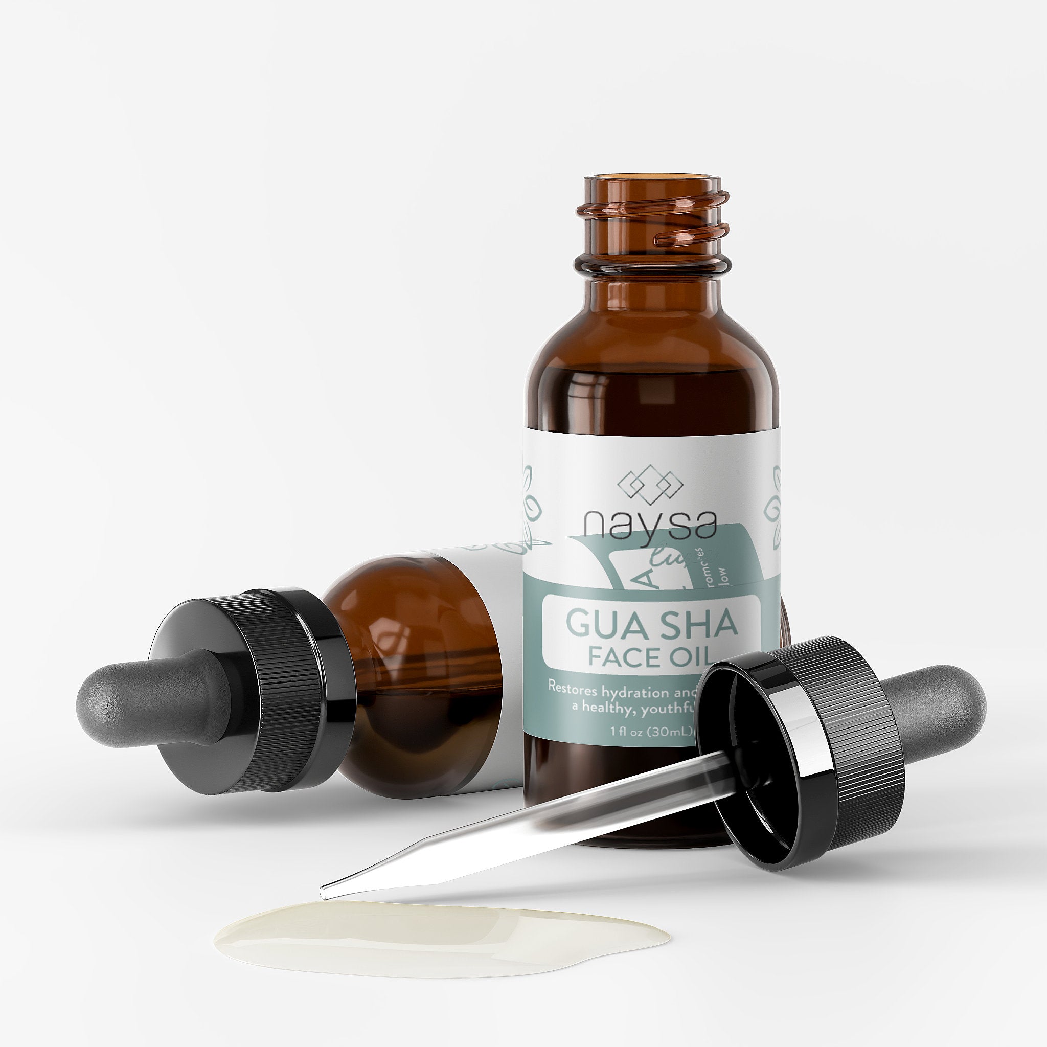 Naysa Gua Sha face oil bottle with dropper on a white background
