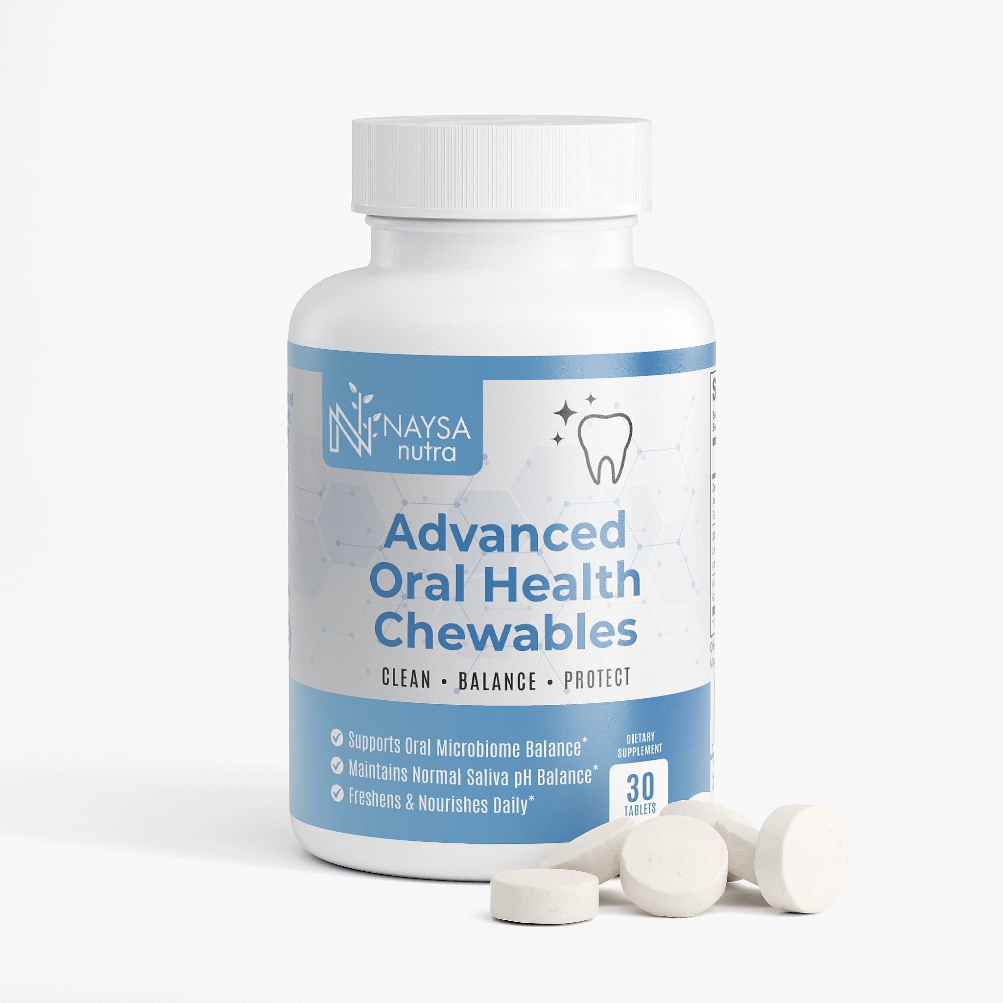 Bottle of Nanya Nutra Advanced Oral Health Chewables on a white background