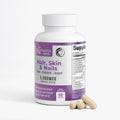 Supplement bottle for hair, skin, and nails with purple label on a white background