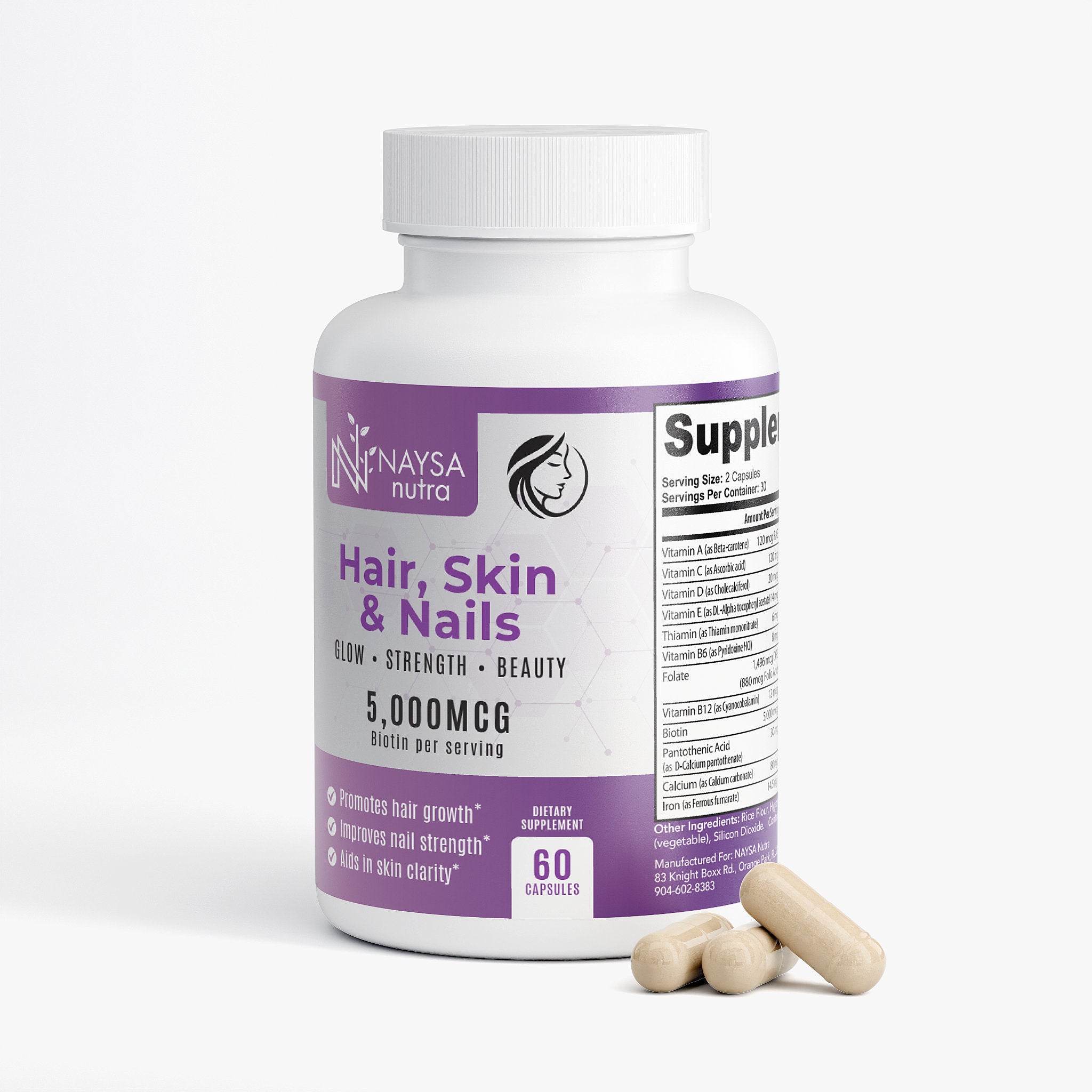 Supplement bottle for hair, skin, and nails with purple label on a white background