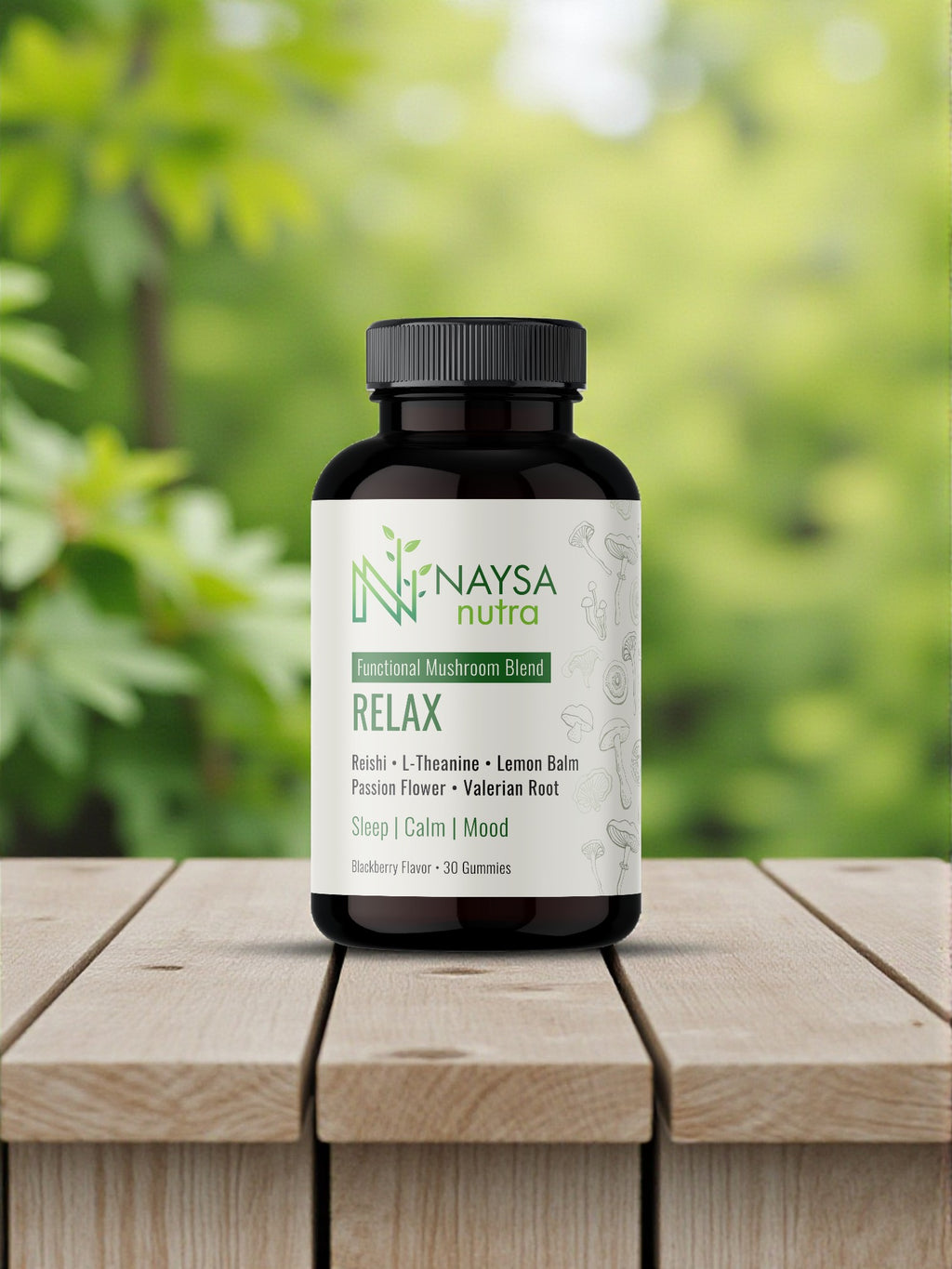 Naysa Nutra Relax on a table with trees in the background