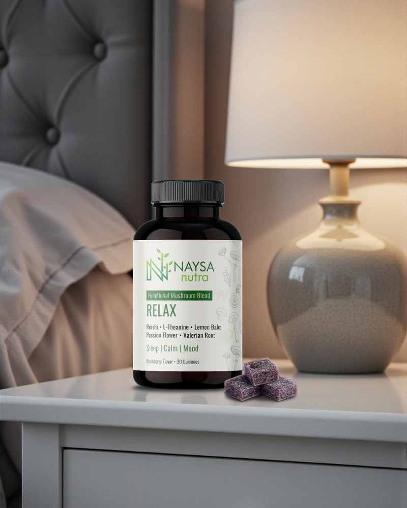 Naysa Nutra supplement bottle on a nightstand with a lamp and bed in the background