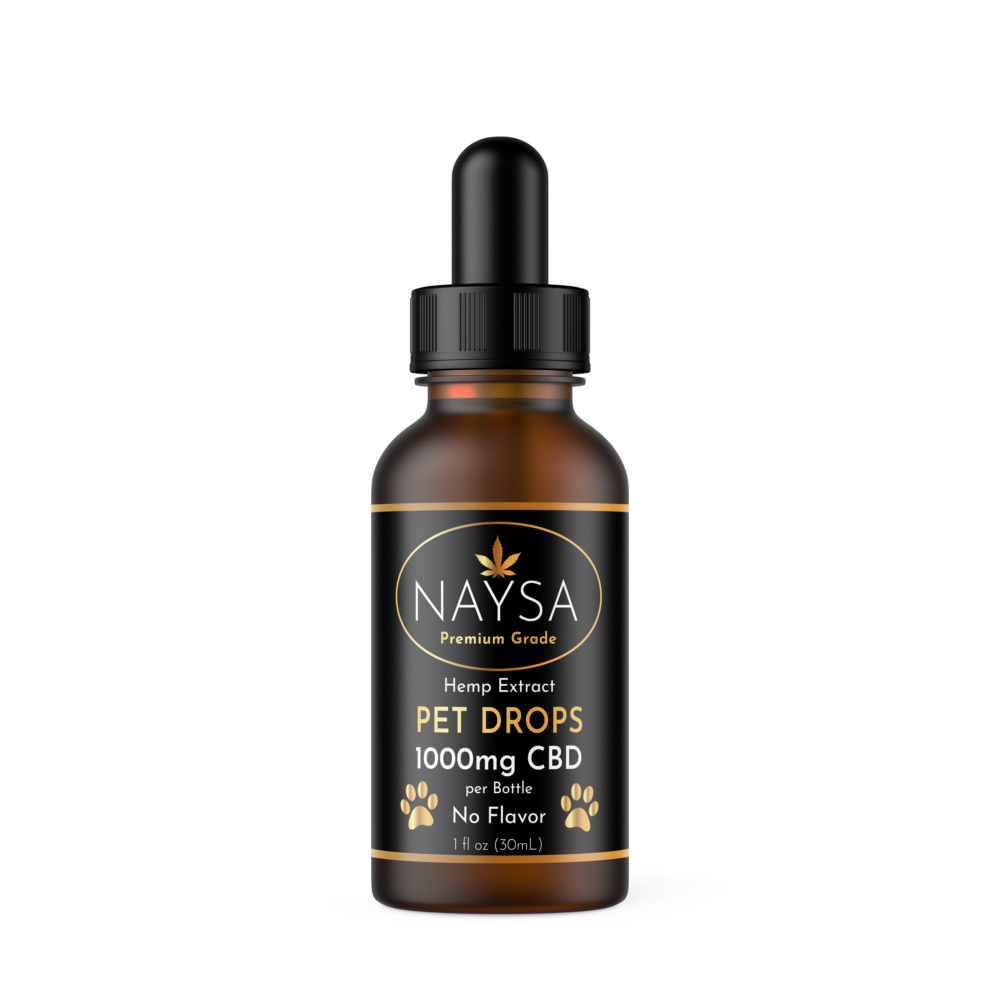 A bottle of Naysa Pet Tincture with 1000mg CBD, indicating no flavor and suitable for pets.