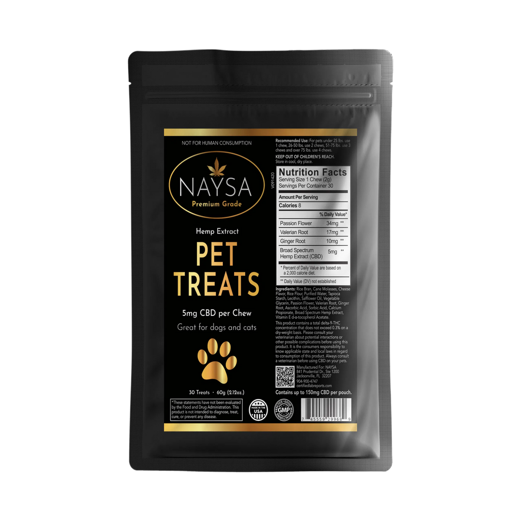 NAYSA pet treats packaging with black background