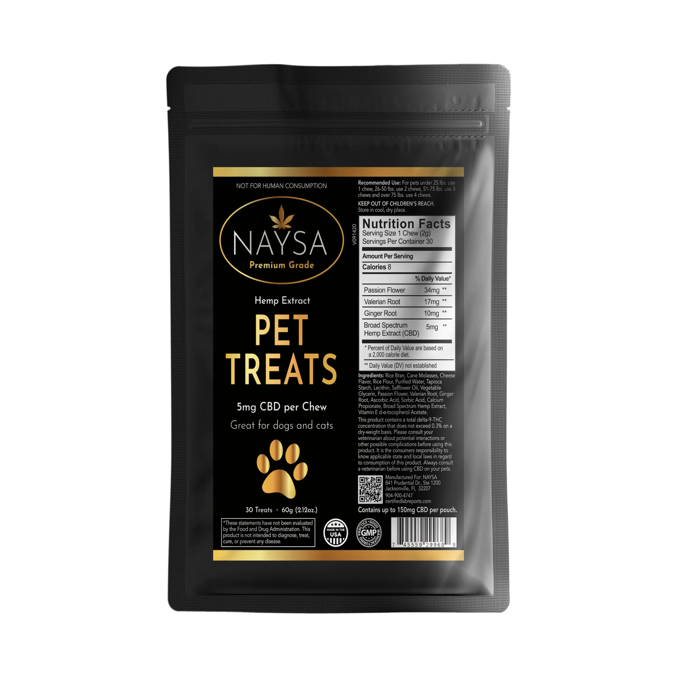 NAYSA pet treats packaging with black background