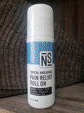 A white roll-on bottle with a blue geometric pattern, labeled as 'Topical Analgesic Pain Relief Roll On' with mentions of key ingredients like arnica, reishi, and boswellia.