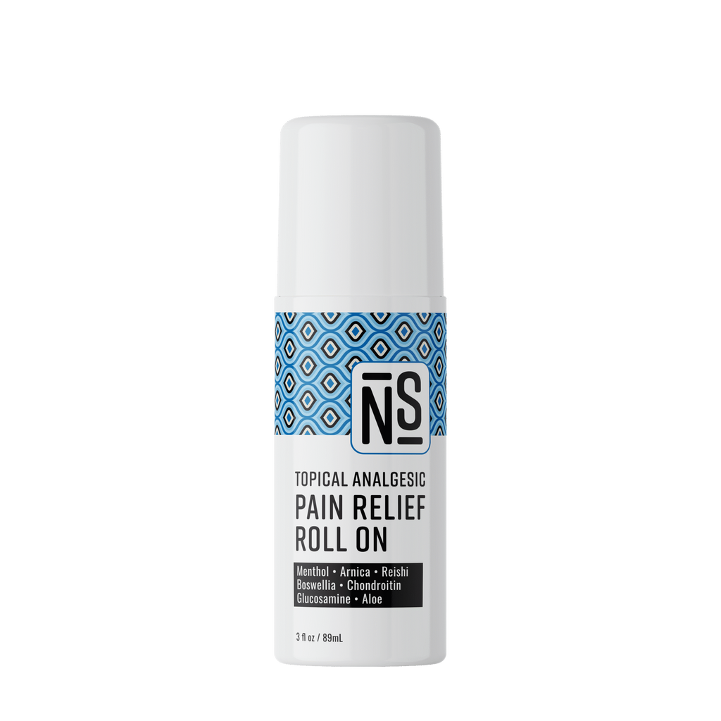 Pain relief roll on bottle with blue and white label on a white background