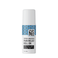 Pain relief roll on bottle with blue and white label on a white background