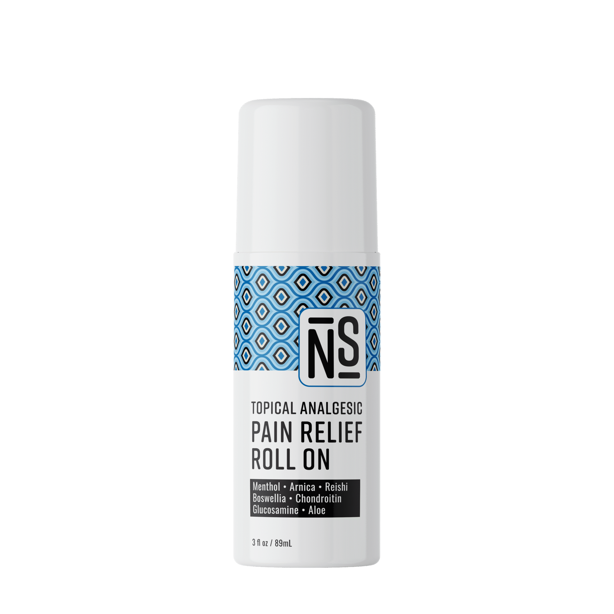 Pain relief roll on bottle with blue and white label on a white background