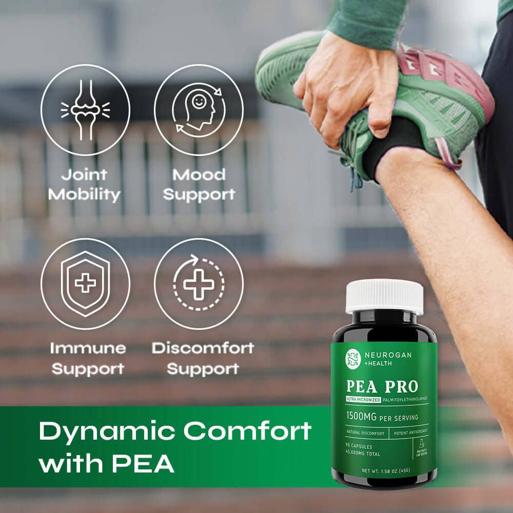 Bottle of NEUROGAN Health PEA PRO supplement with person wearing green athletic shoes in the background