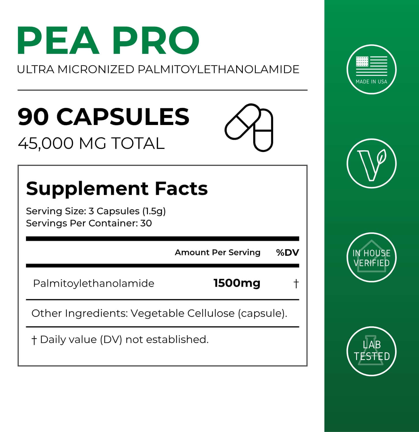 Supplement label for Pea Pro with 90 capsules and 45,000 mg total.