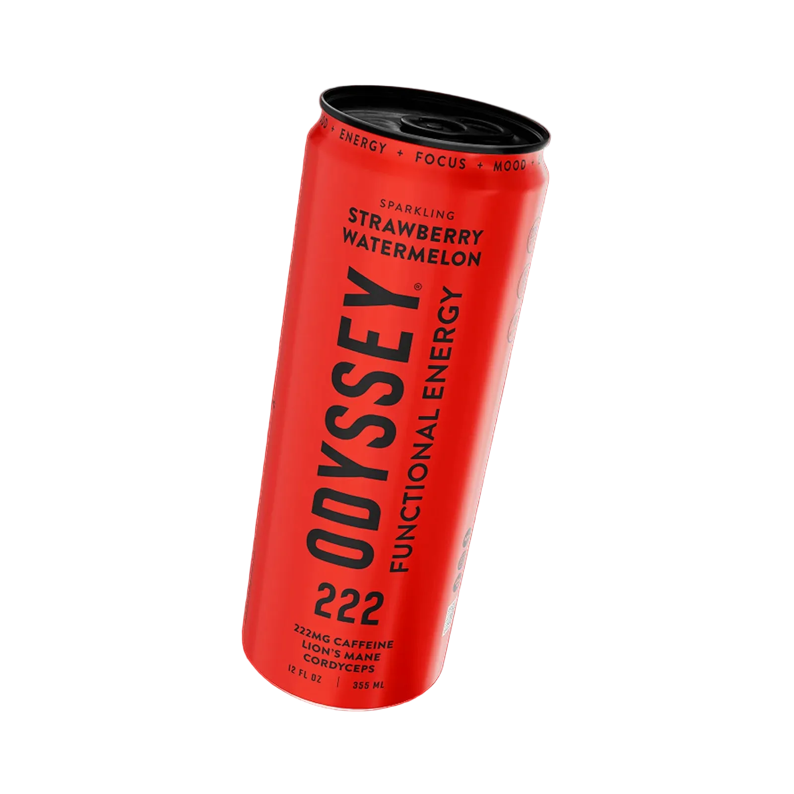 Red can of Odyssey Functional Energy drink on a red background