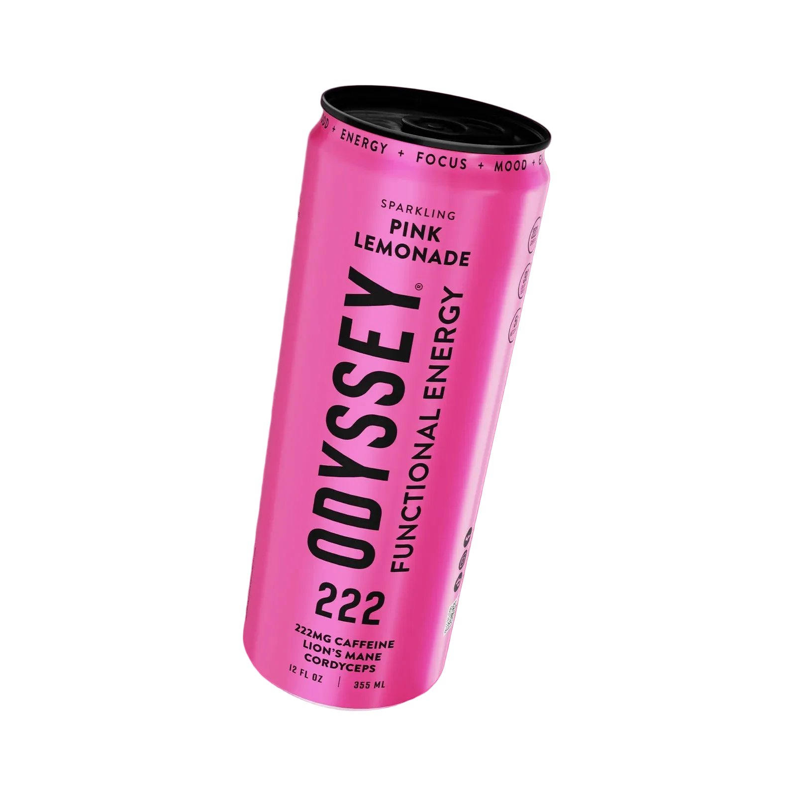 Pink can of Odyssey Functional Energy drink on a pink background
