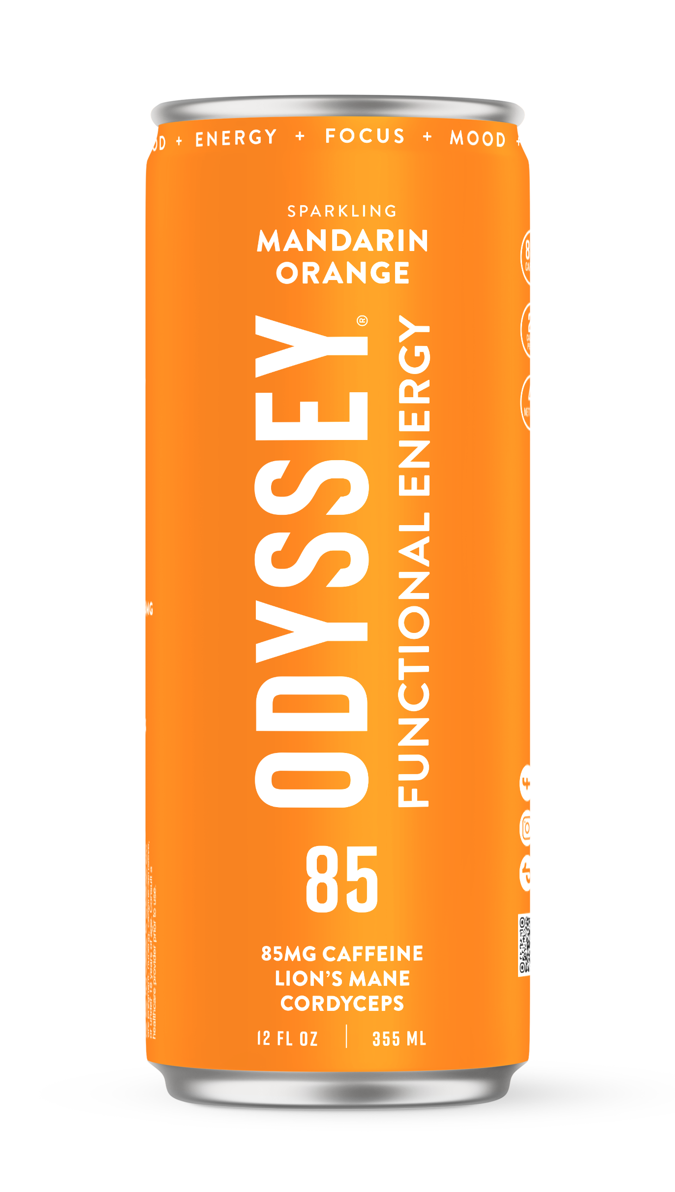 Orange can of Odyssey Functional Energy drink with silver lid on a white background