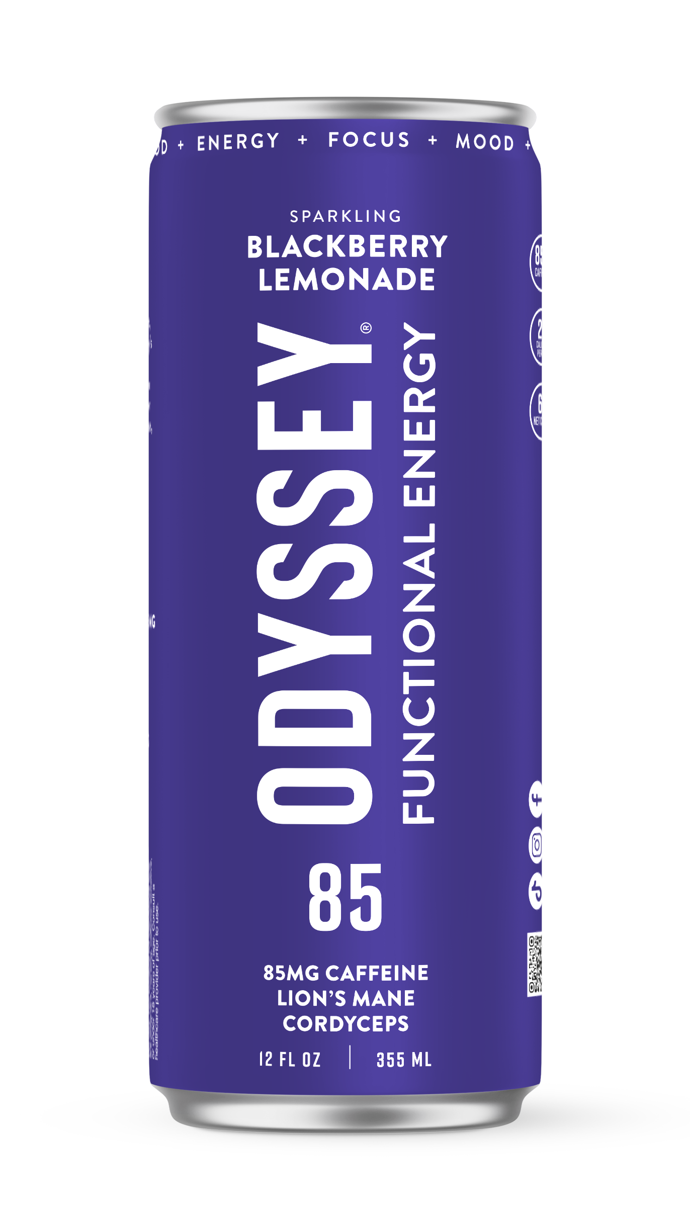 Odyssey functional energy drink can with purple label on a white background