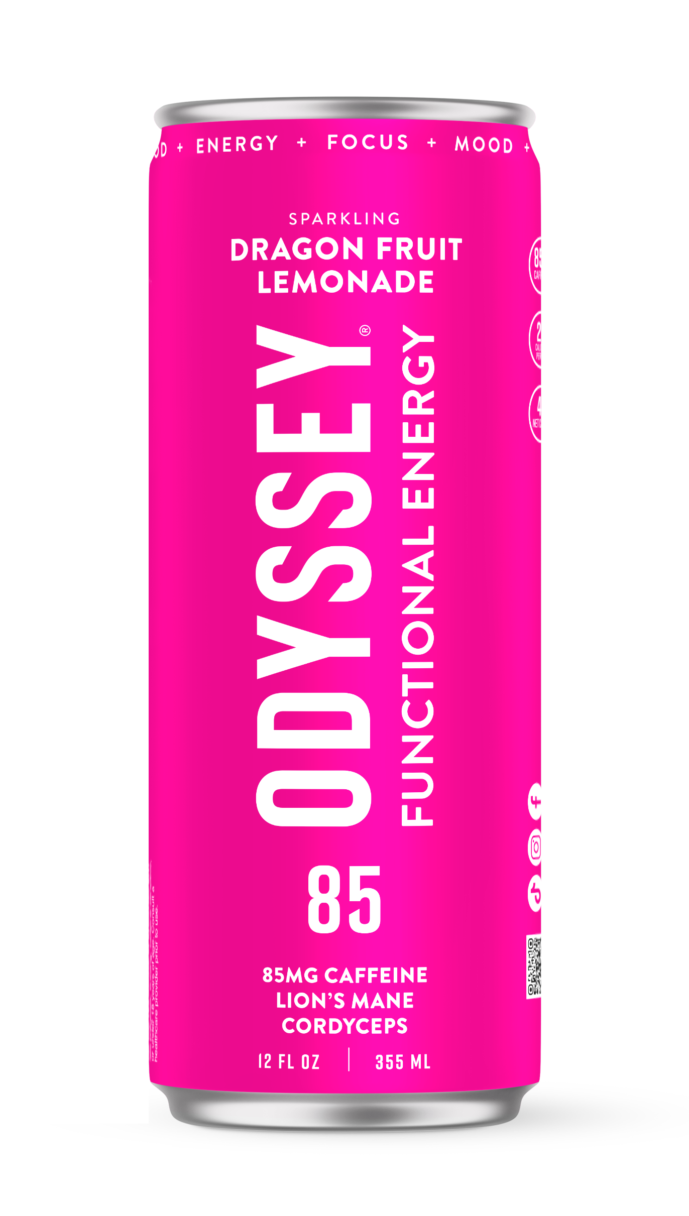 Pink can of Odyssey Functional Energy Drink with dragon fruit lemonade flavor on a white background