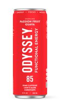 Red can of Odyssey Functional Energy drink with white text on a white background