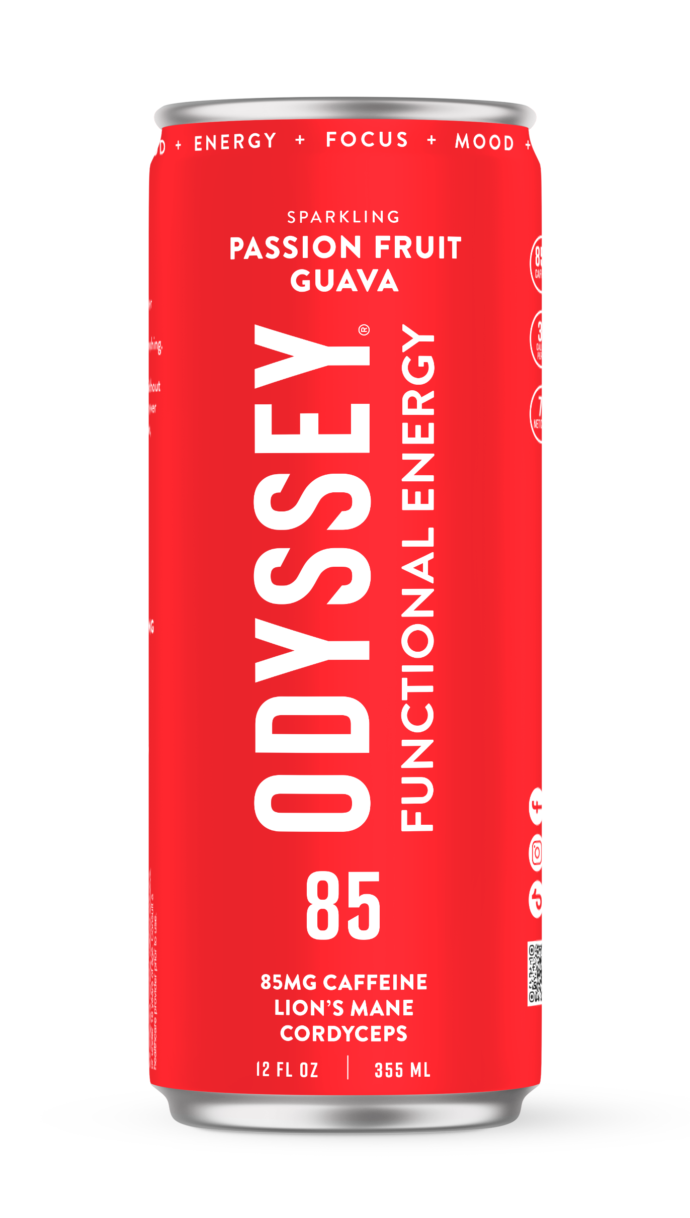 Red can of Odyssey Functional Energy drink with white text on a white background