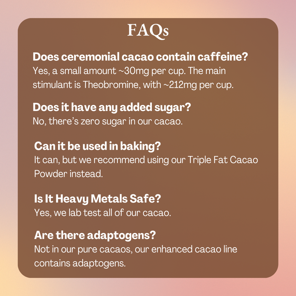 FAQs about ceremonial cacao on a brown background