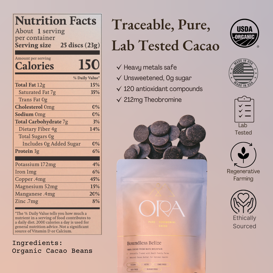 Ora Cacao product with nutrition facts and certification logos on a beige background