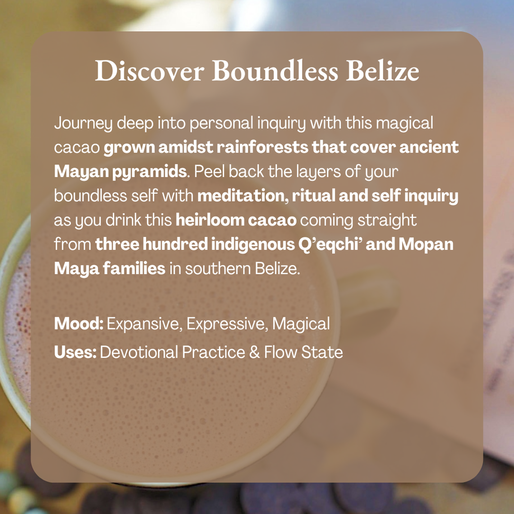 Promotional text for Boundless Belize cacao with a blurred cacao product in the background