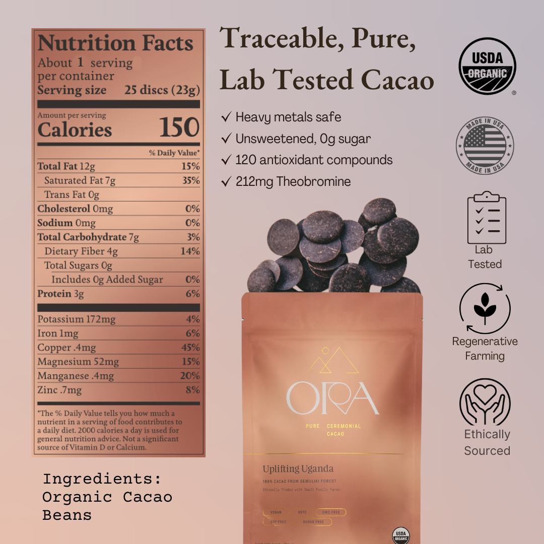 Ora Cacao product packaging with nutrition facts and certification logos on a beige background