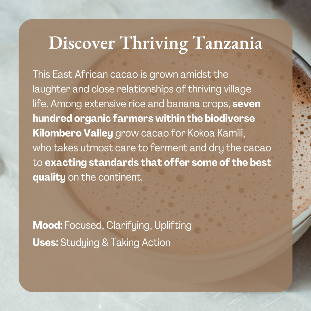 Cacao with text about thriving Tanzania and Kokoa Kamili on a brown background