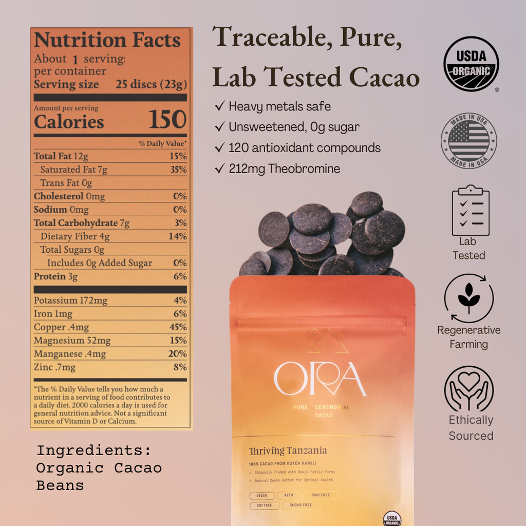 Ora Cacao product packaging with nutrition facts and certification logos on a light gray background