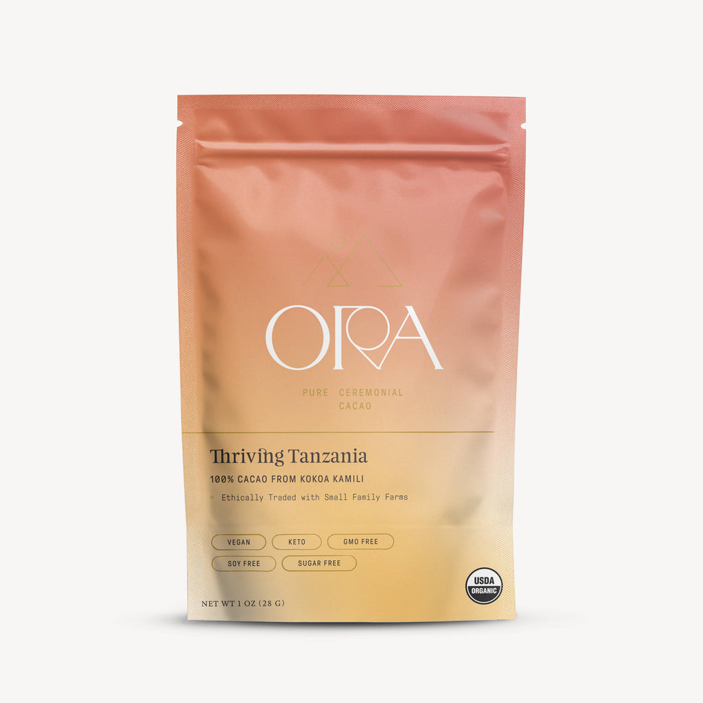 Ora cacao package with a gradient design on a white background