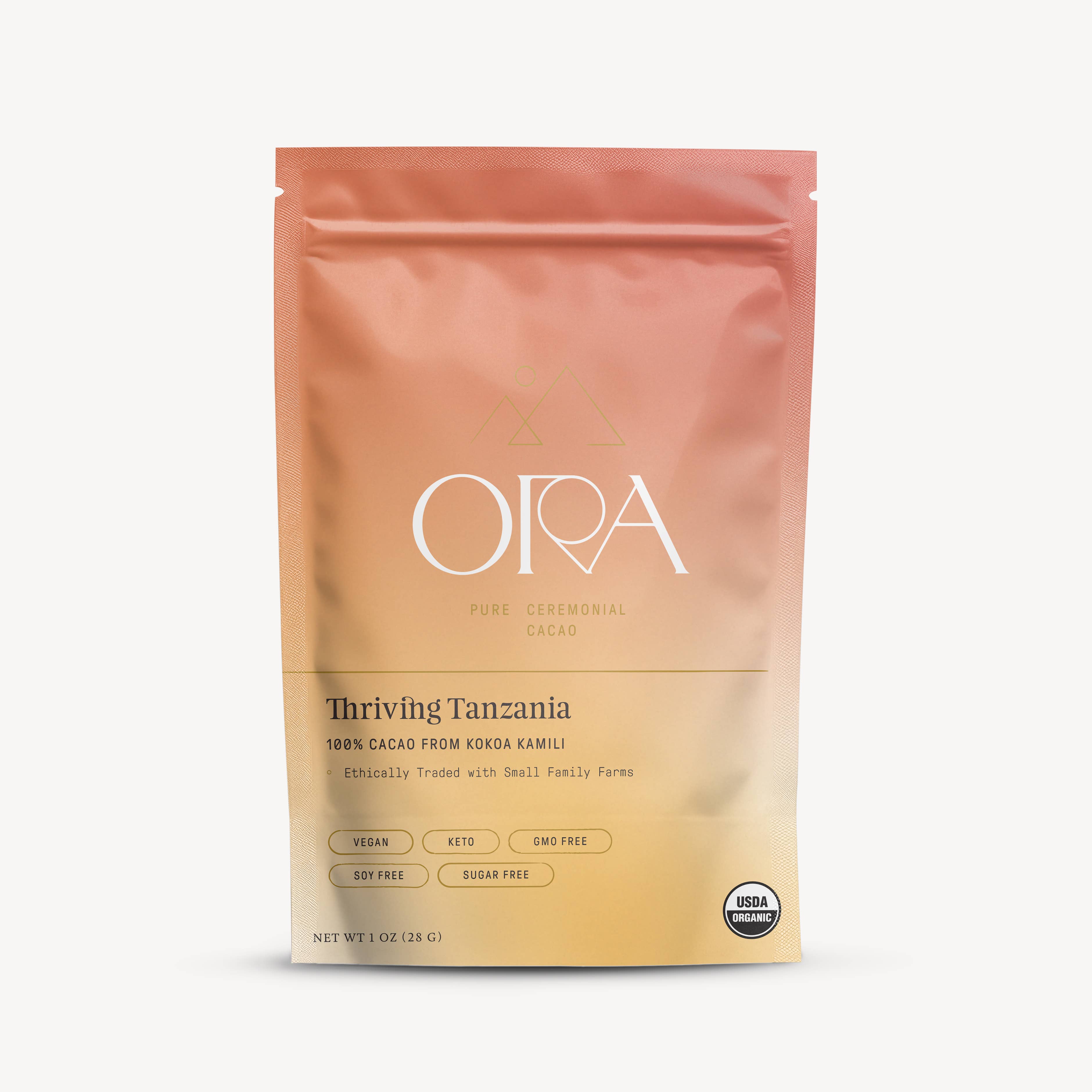 Ora cacao package with a gradient design on a white background