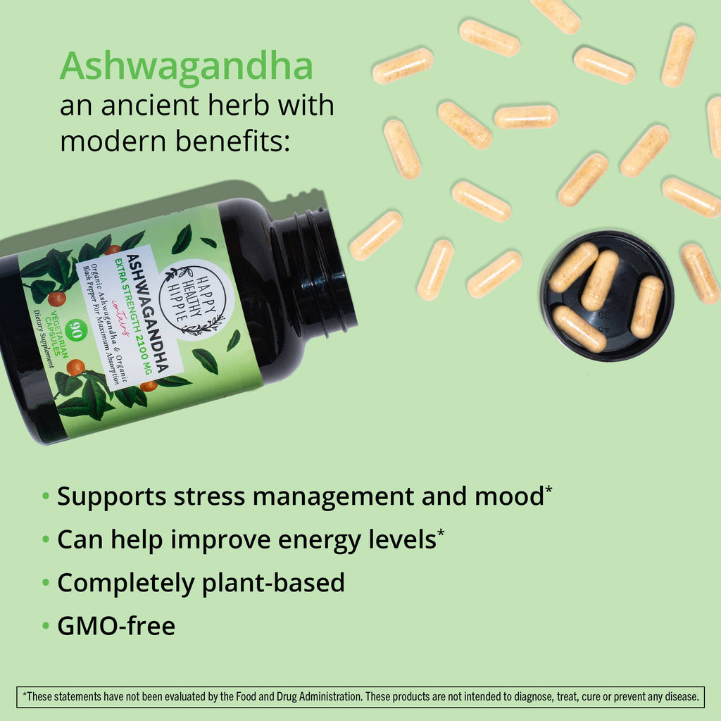 Bottle of Ashwagandha supplement with capsules on a green background