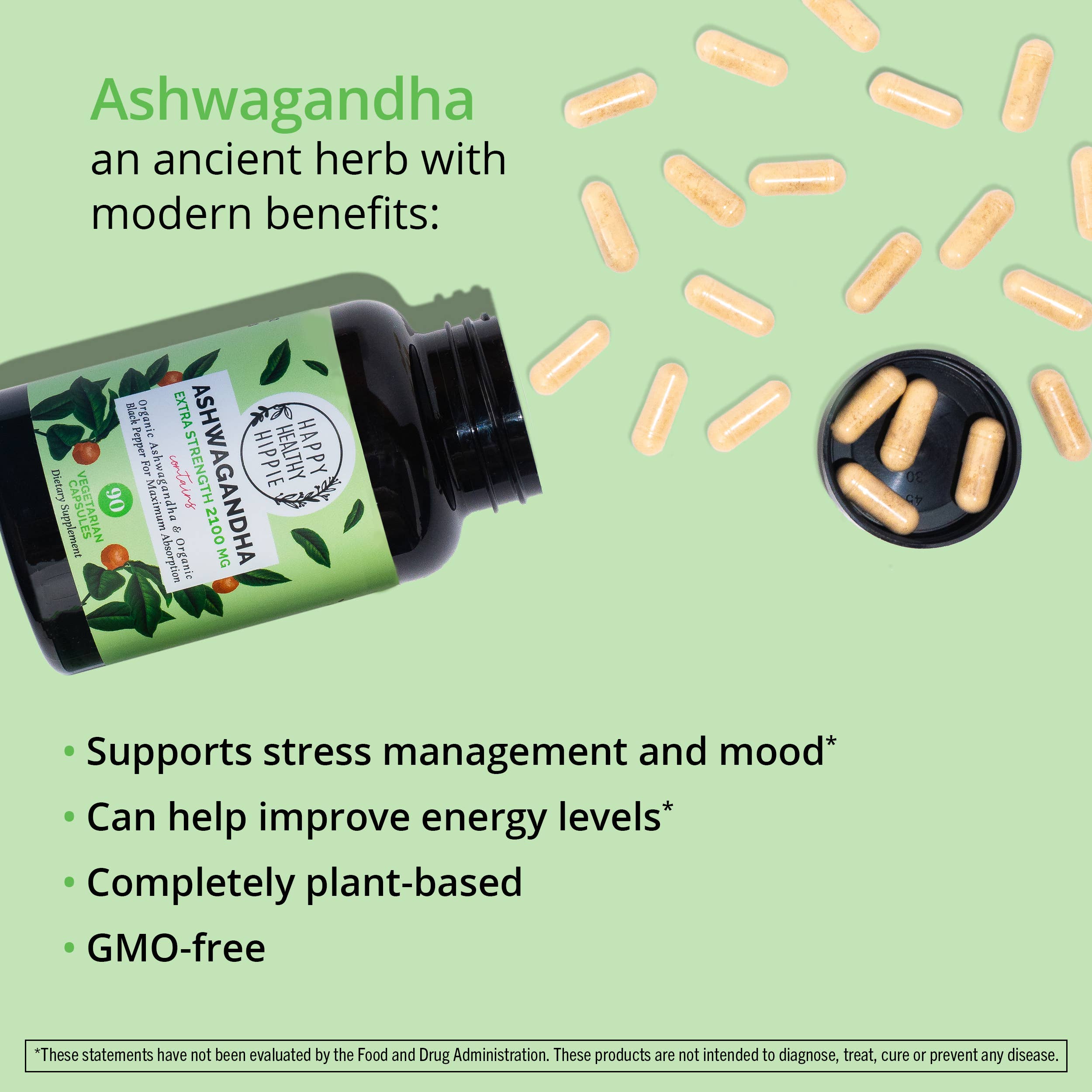 Bottle of Ashwagandha supplement with capsules on a green background