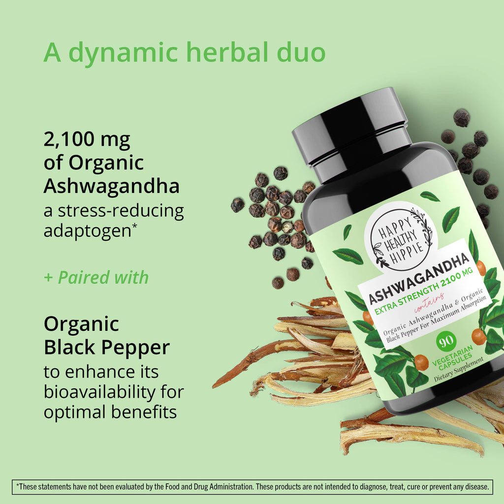 Supplement bottle labeled 'Happy Healthy Hippie' with Ashwagandha and black pepper on a green background