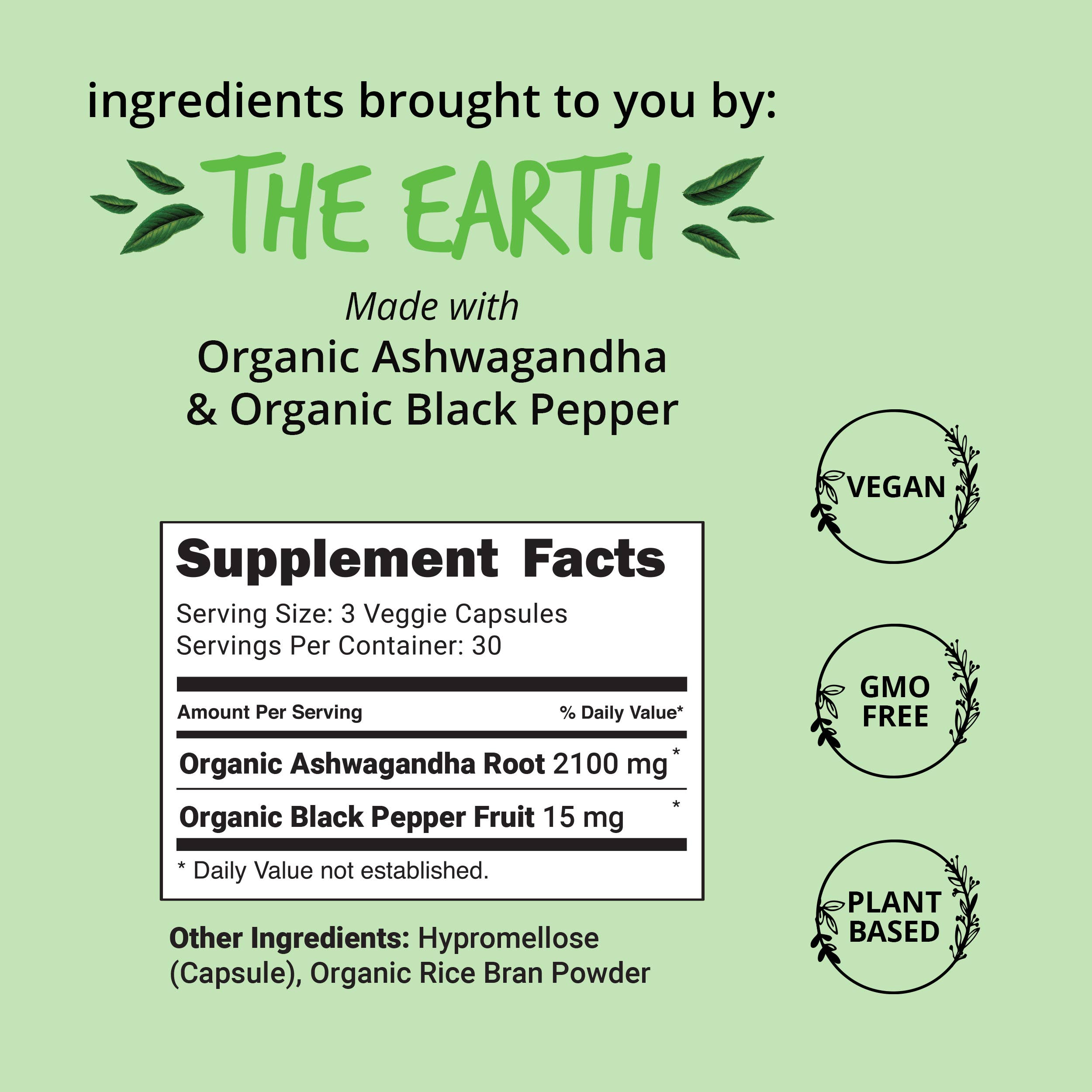 Supplement label with organic ingredients on a green background