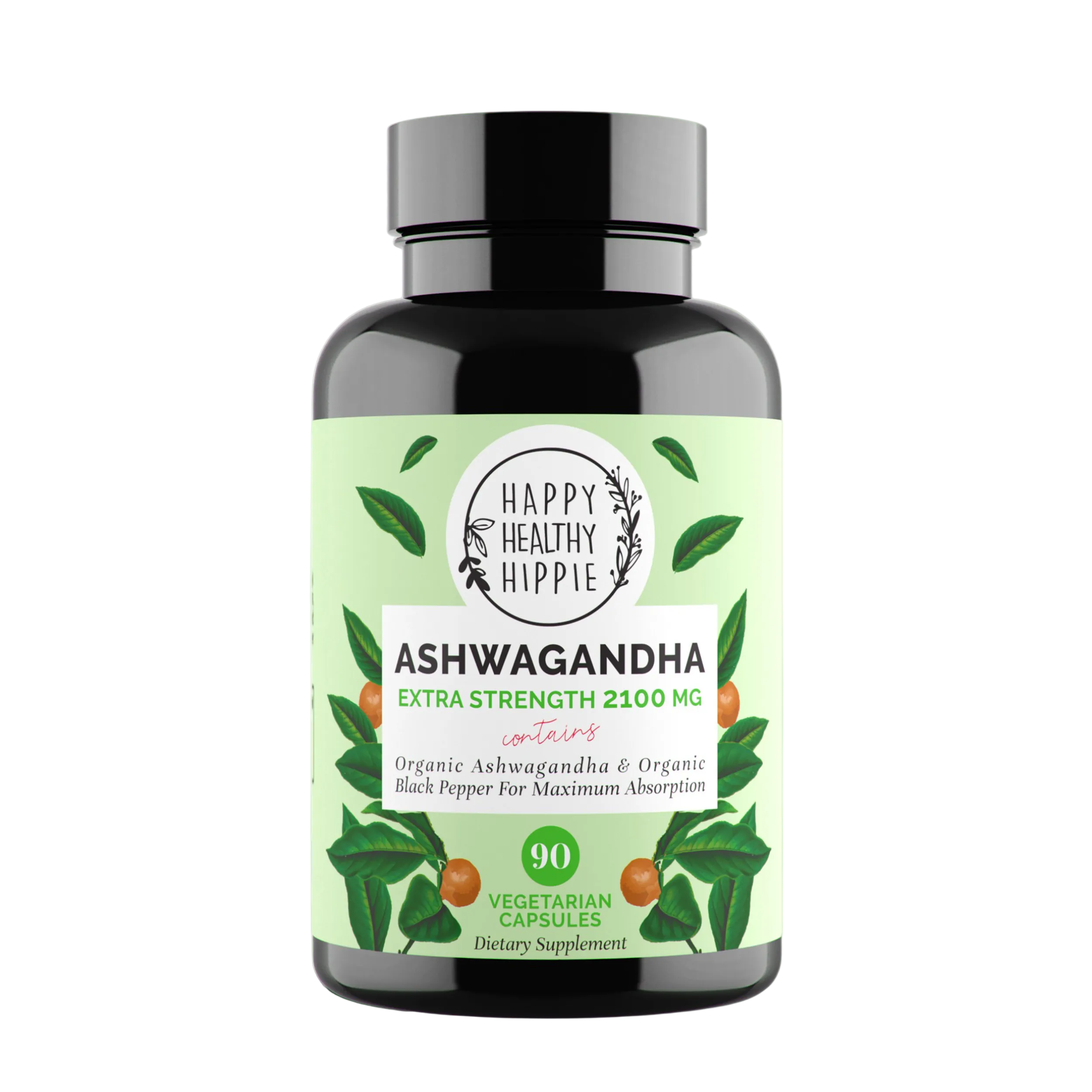 Bottle of Ashwagandha supplement with a white background