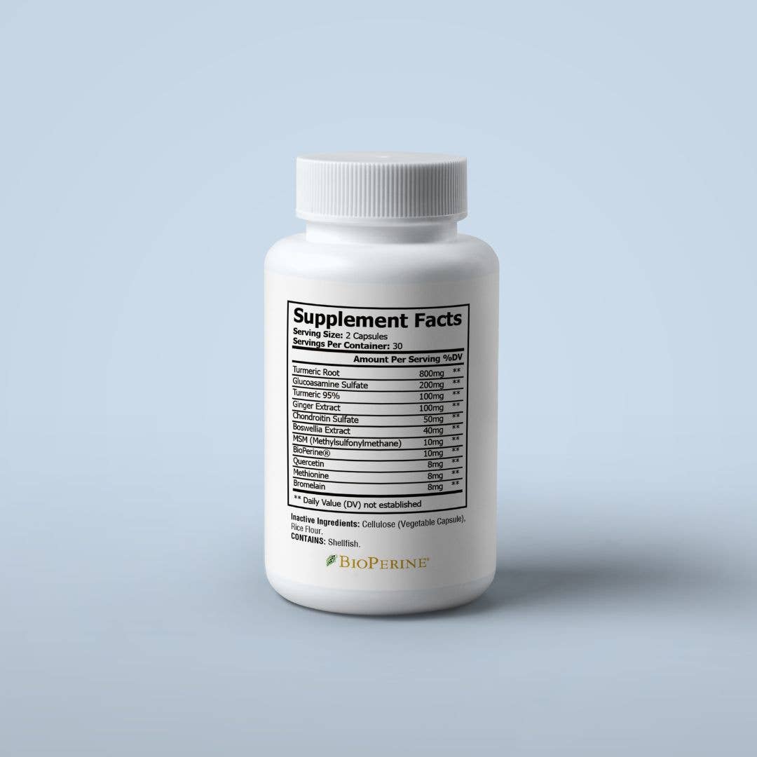 White supplement bottle with label on a light gray background