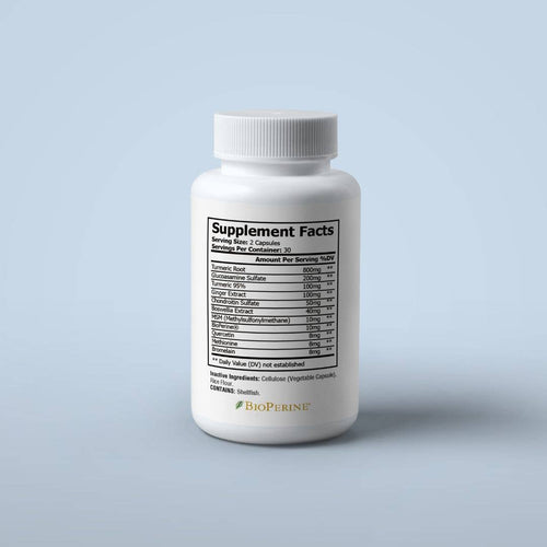 White supplement bottle with label on a light gray background