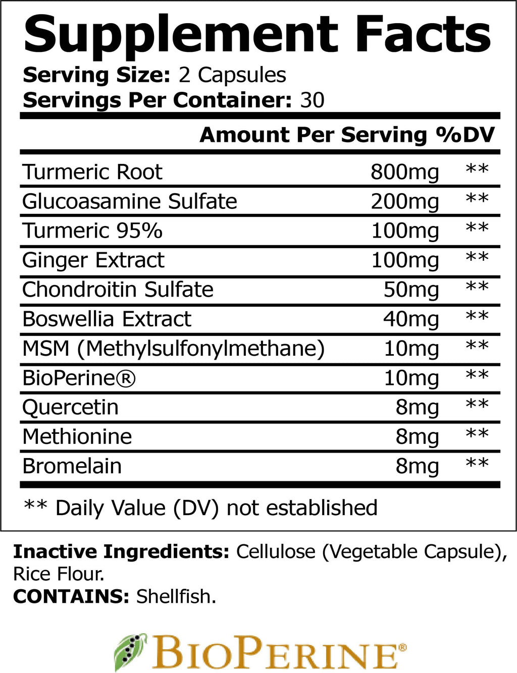 Supplement facts label with various ingredients and their amounts per serving