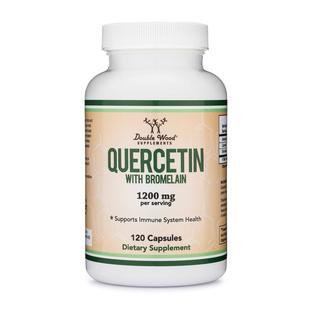 Supplement bottle labeled 'Quercetin with Bromelain' on a white background