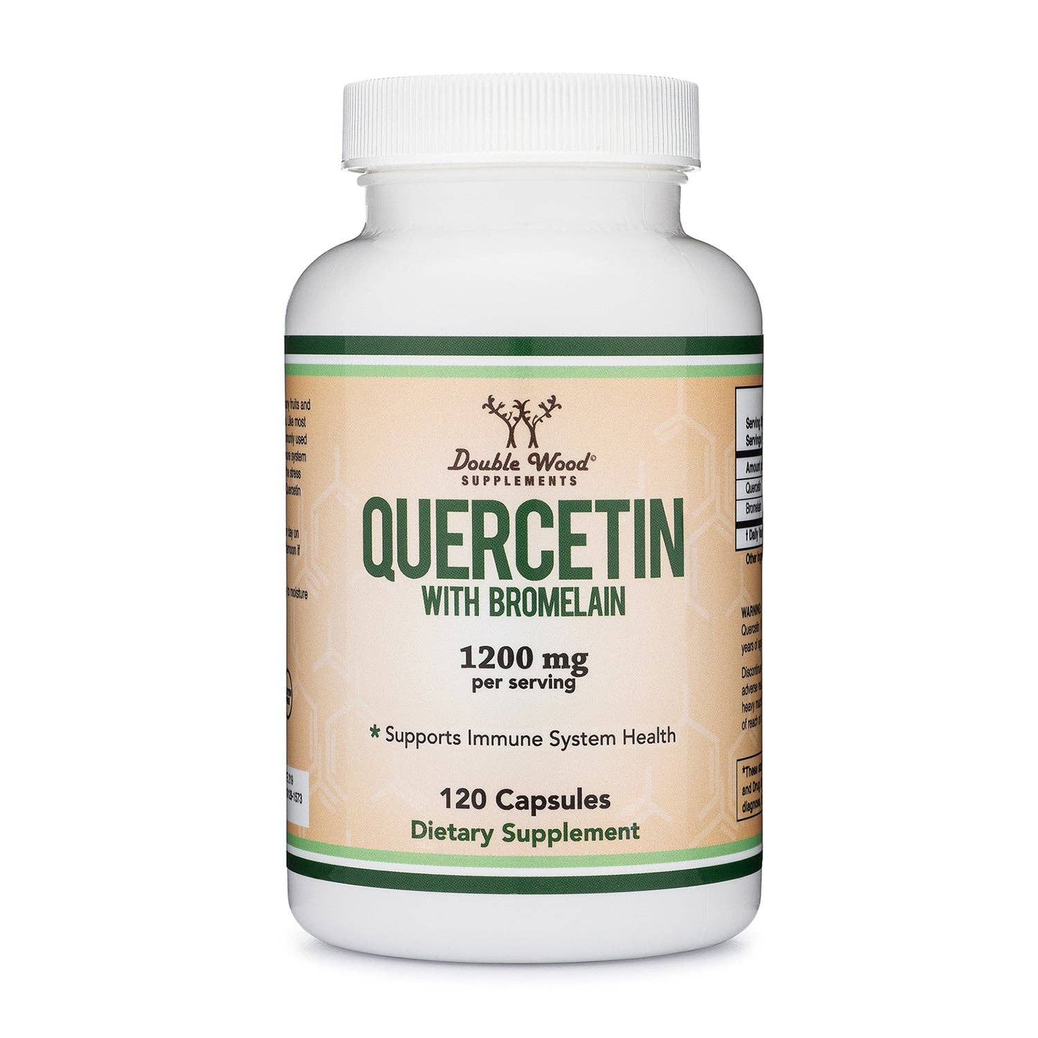 Supplement bottle labeled 'Quercetin with Bromelain' on a white background