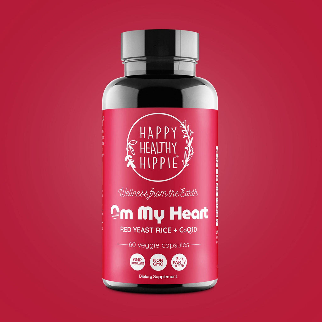 Supplement bottle labeled 'Happy Healthy Hippie' on a red background