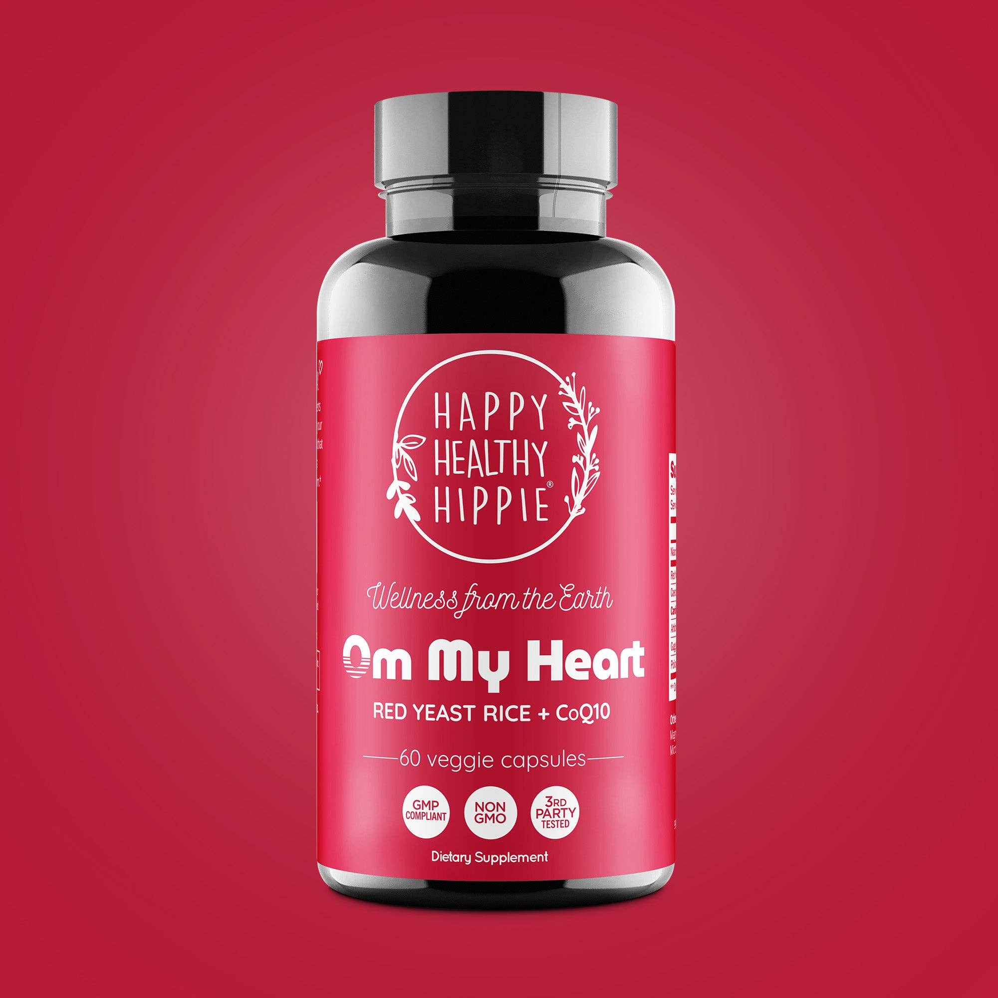 Supplement bottle labeled 'Happy Healthy Hippie' on a red background