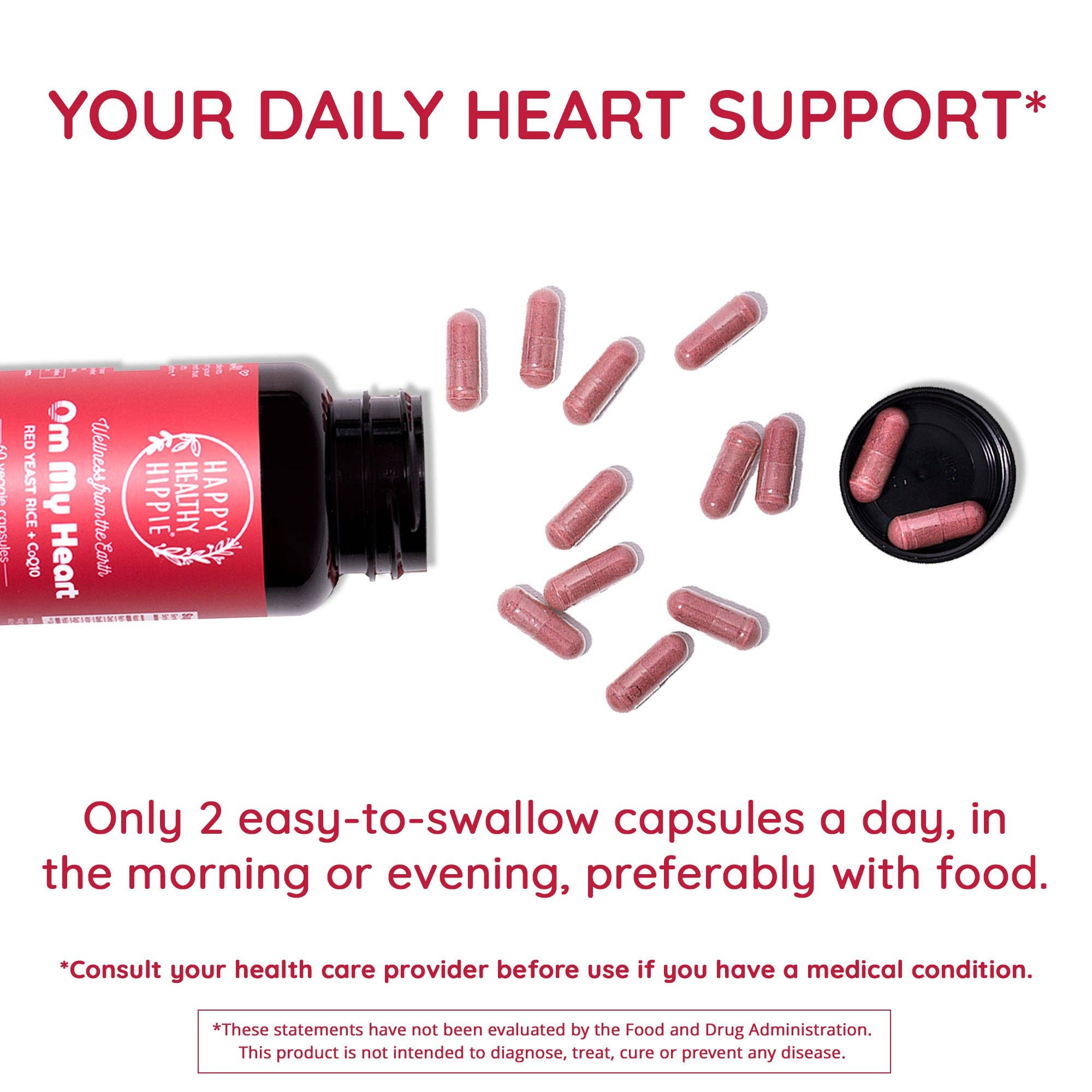 Advertisement for 'On My Heart' supplement capsules with text about daily heart support.