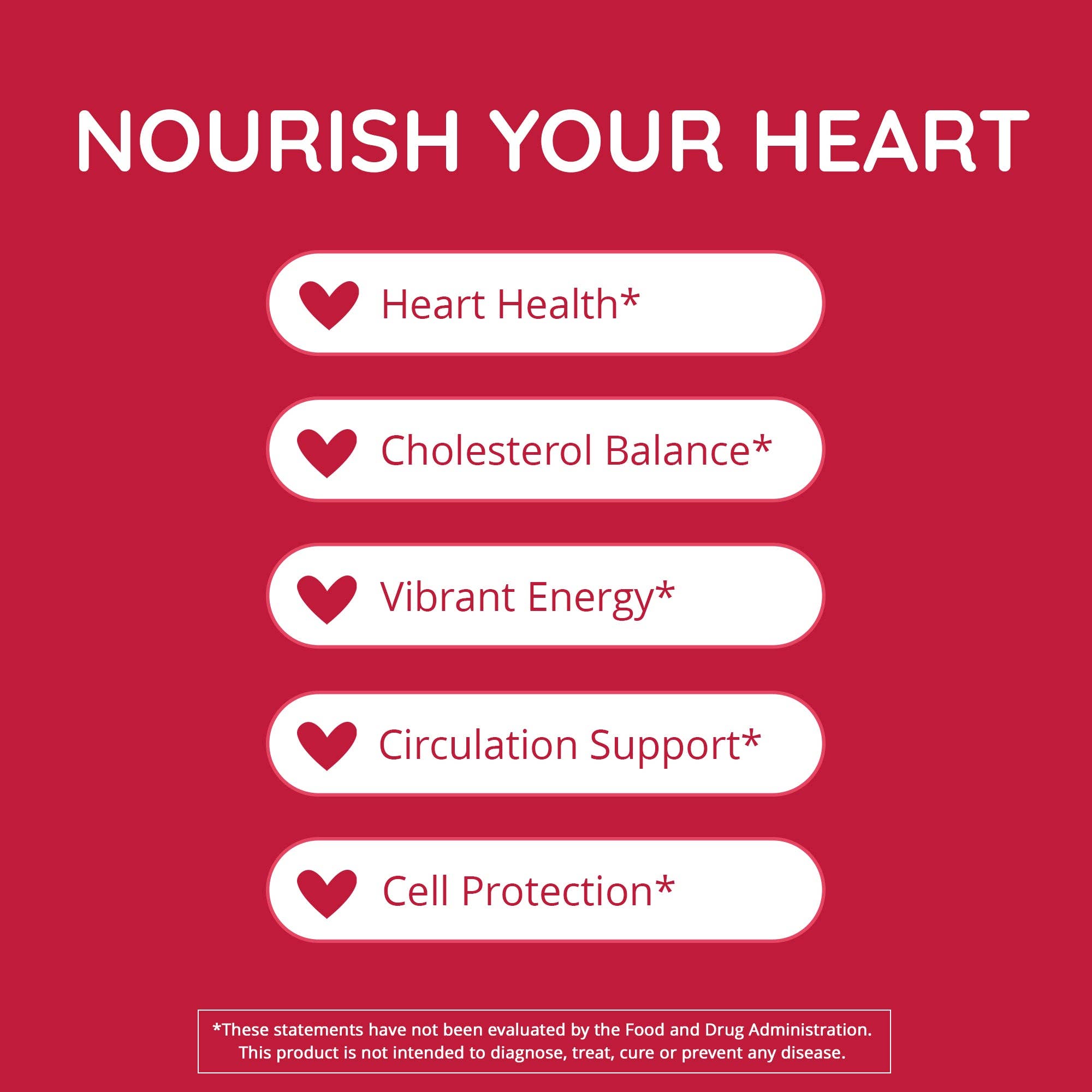 Red background with 'Nourish Your Heart' text and heart health benefits listed.