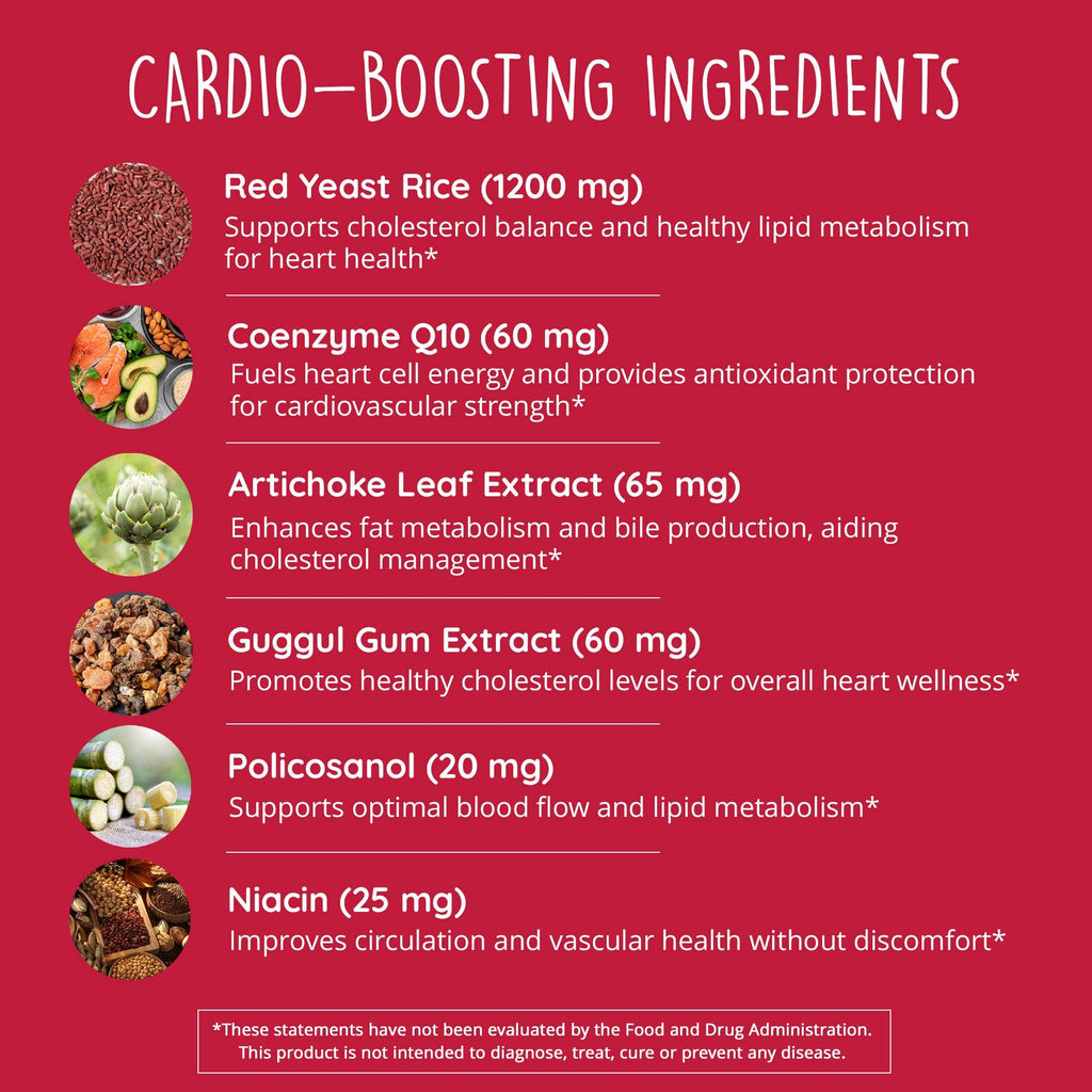 Cardio-boosting ingredients list with images and descriptions on a red background