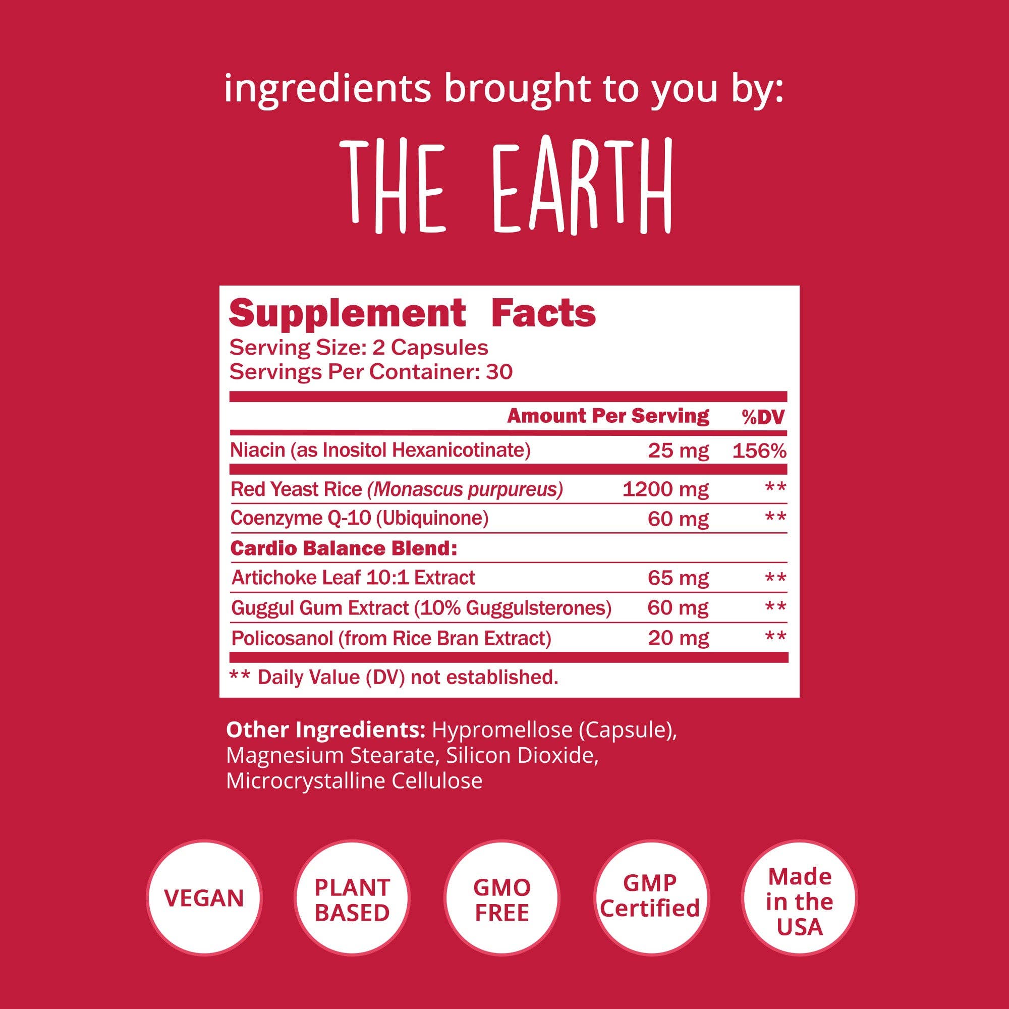 Supplement facts label with ingredients on a red background, featuring the brand 'The Earth'.