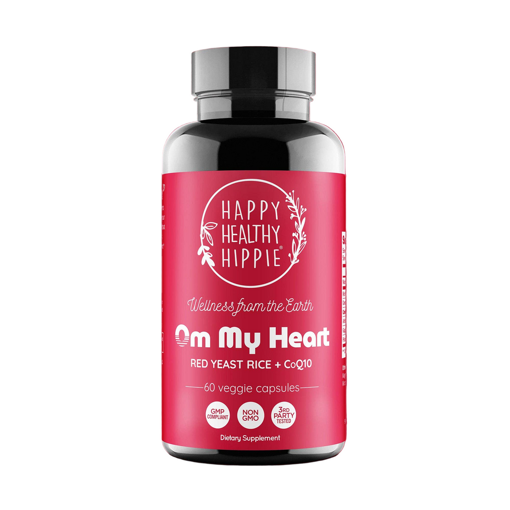 Supplement bottle with red label featuring 'Happy Healthy Hippie' on a white background