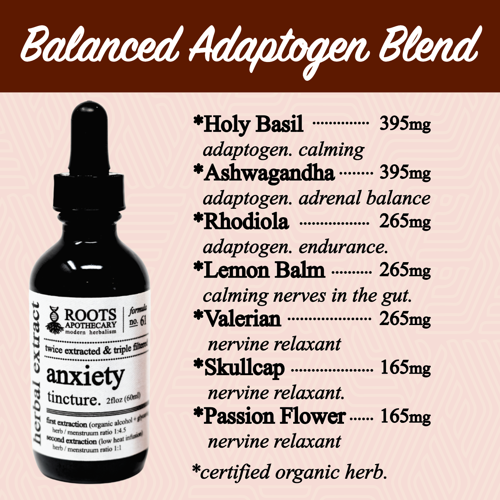 Herbal extract tincture bottle with ingredients listed on a beige background